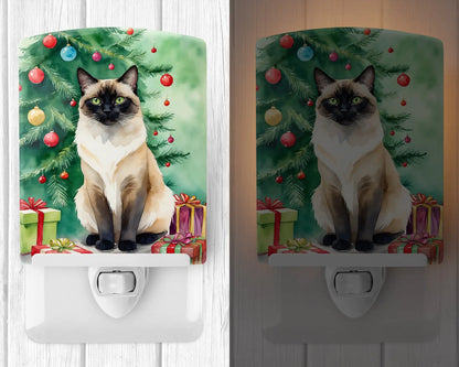 Birman Cat By the Christmas Tree Ceramic Night Light