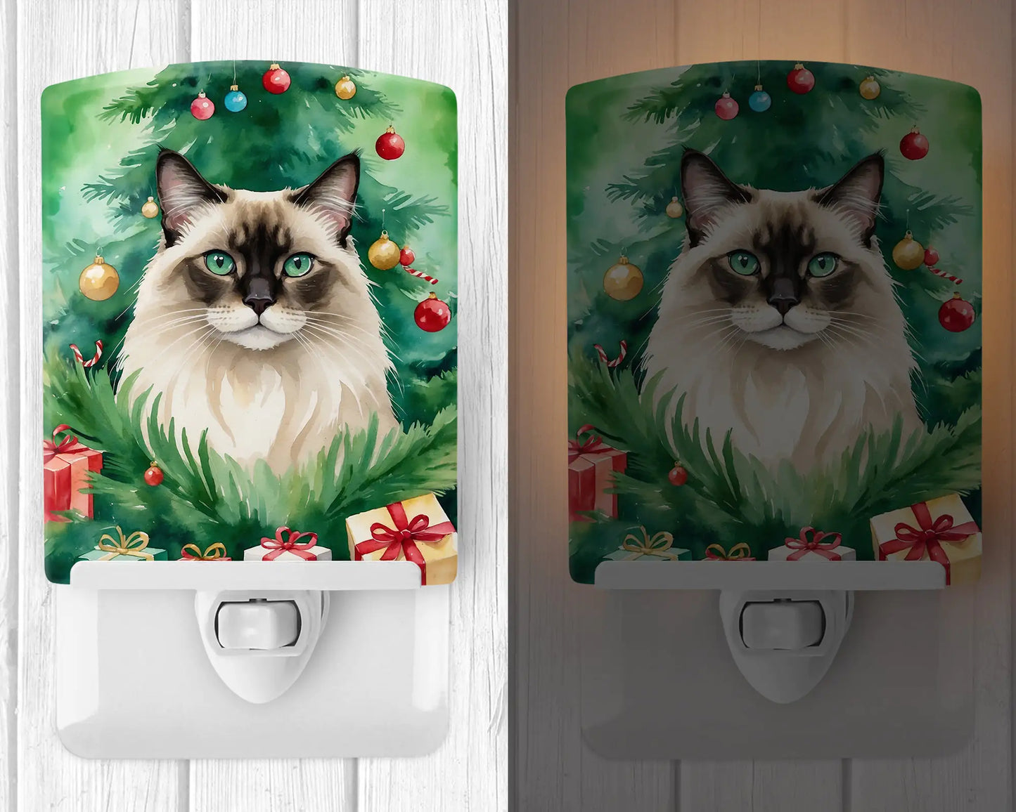 Balinese Cat By the Christmas Tree Ceramic Night Light