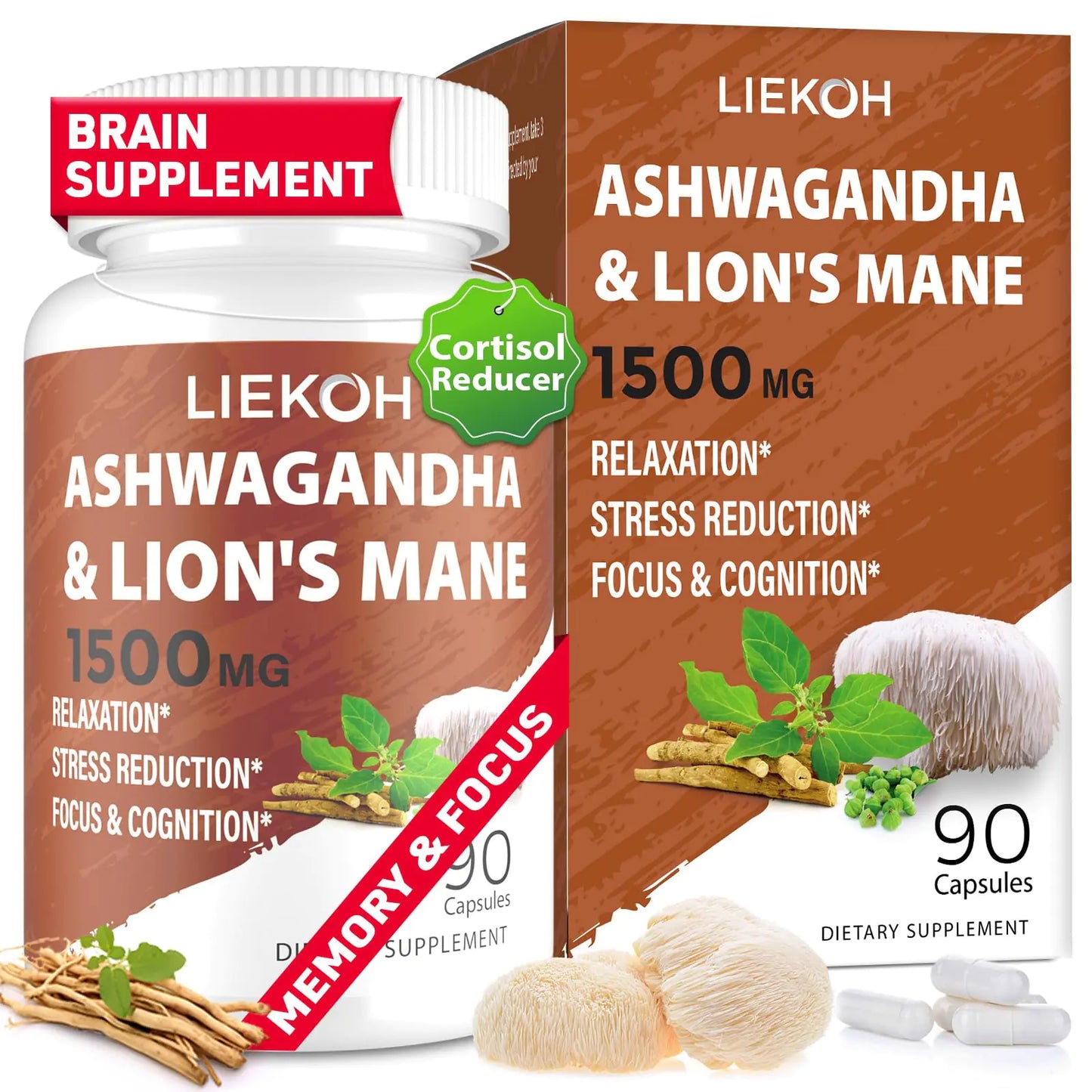 Ashwagandha & Lions Mane Supplement Capsules Brain Supplements for Memory and Focus Stress & Cortisol Reducer Ashwagandha Supplements with Rhodiola & Black Peppe Mushroom Supplement 90 Caps