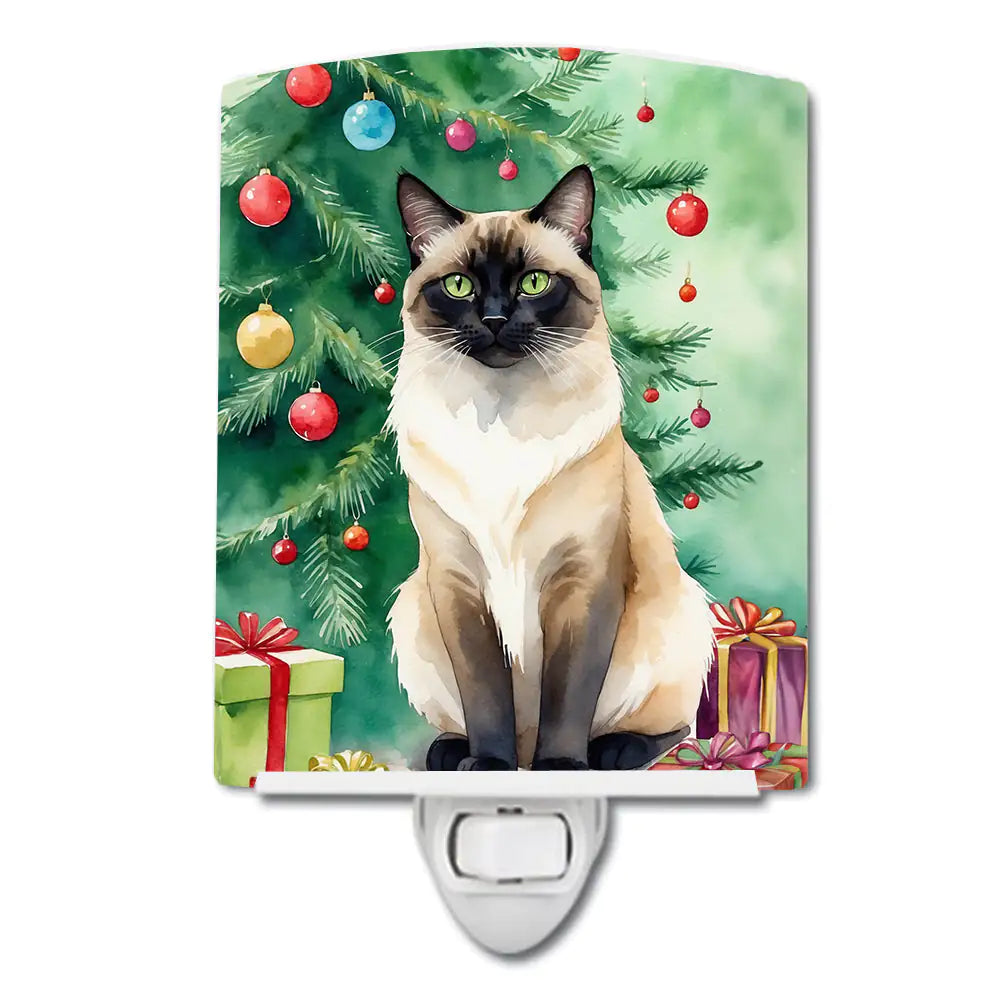 Birman Cat By the Christmas Tree Ceramic Night Light