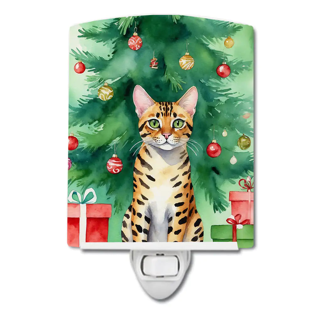 Bengal Cat By the Christmas Tree Ceramic Night Light