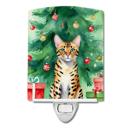 Bengal Cat By the Christmas Tree Ceramic Night Light
