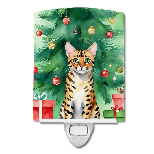 Bengal Cat By the Christmas Tree Ceramic Night Light