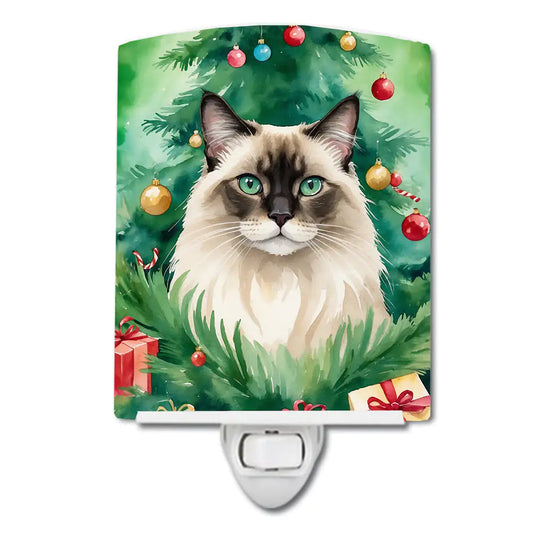 Balinese Cat By the Christmas Tree Ceramic Night Light